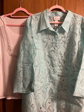 NWT Alfred Dunner 2-Piece Mint Green Burnout Blouse, 3X, White Tank & Necklace
